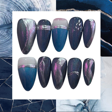 Metallic Ocean Almond Press On Nail