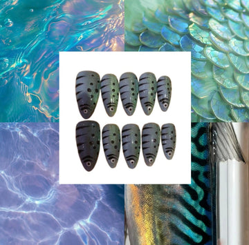 Iridescent Blue Fish handmade press-on nails