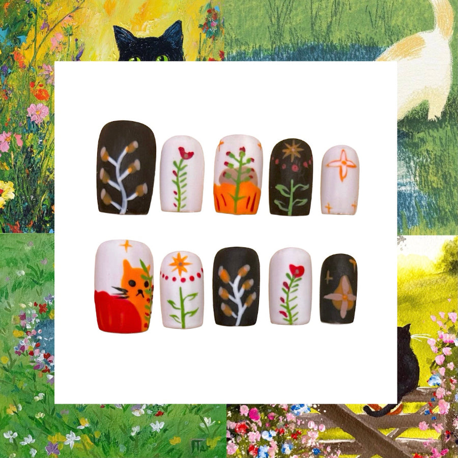 Kitty Scribbles Acrylic Square Press On Nail - MaYonail Store