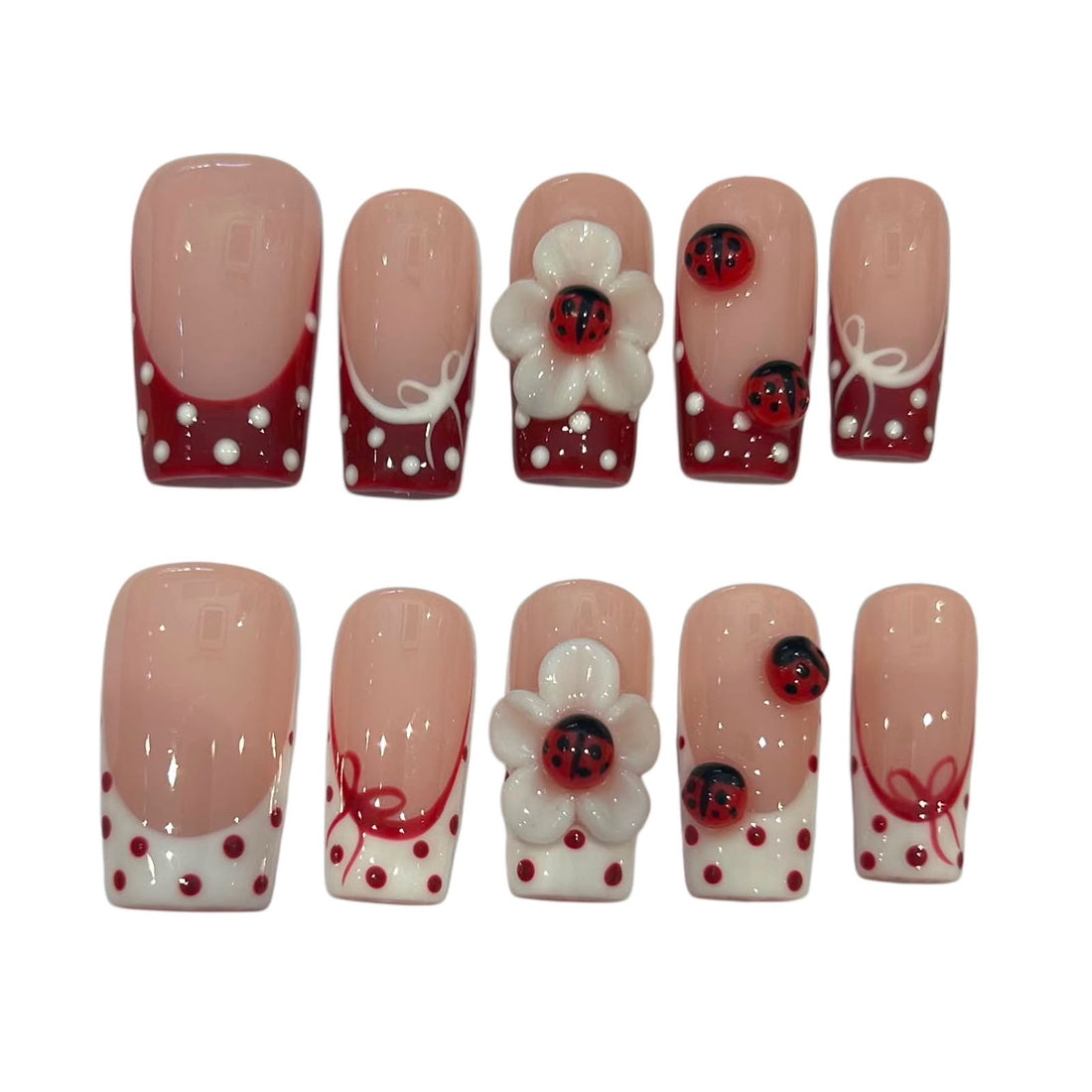 Ladybug Polka Acrylic Square press On Nail L13
