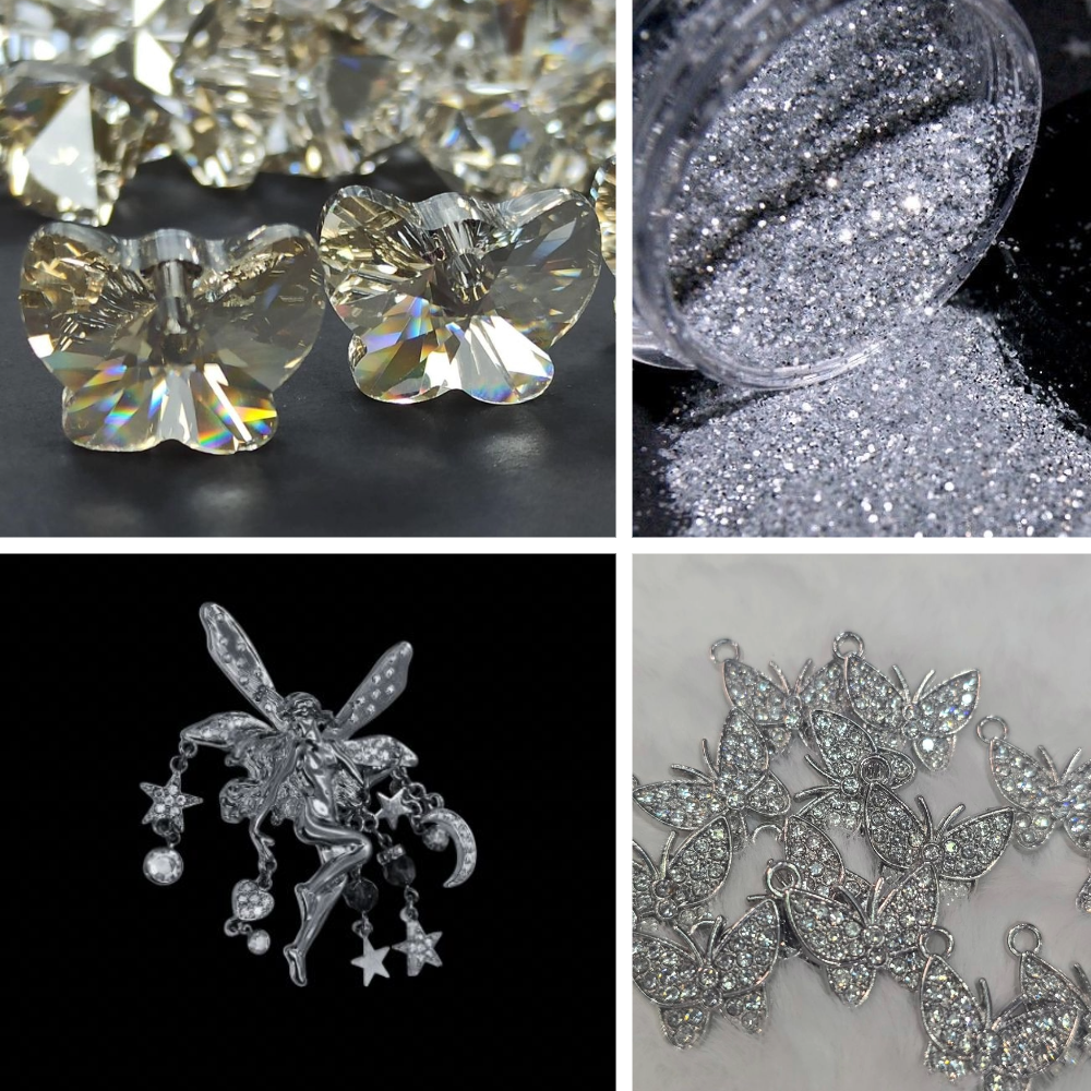 Beaded Butterfly Acrylic Coffin Press On Nail