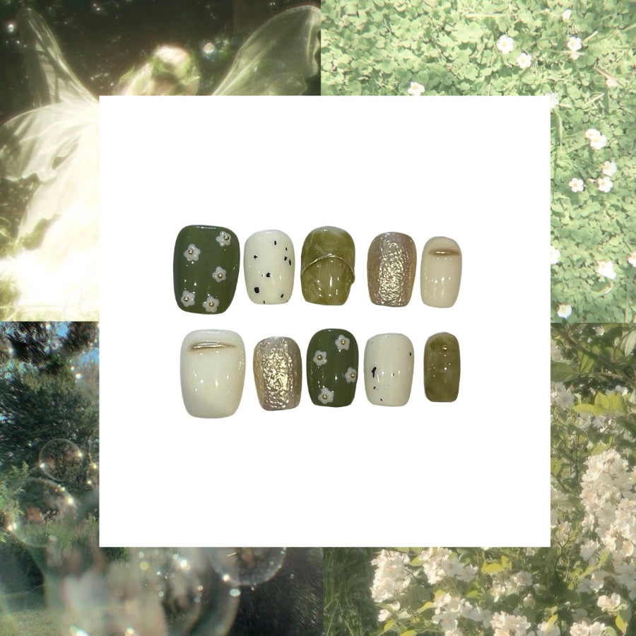 Simple Green Floral Acrylic Square Press On Nail - MaYonail Store