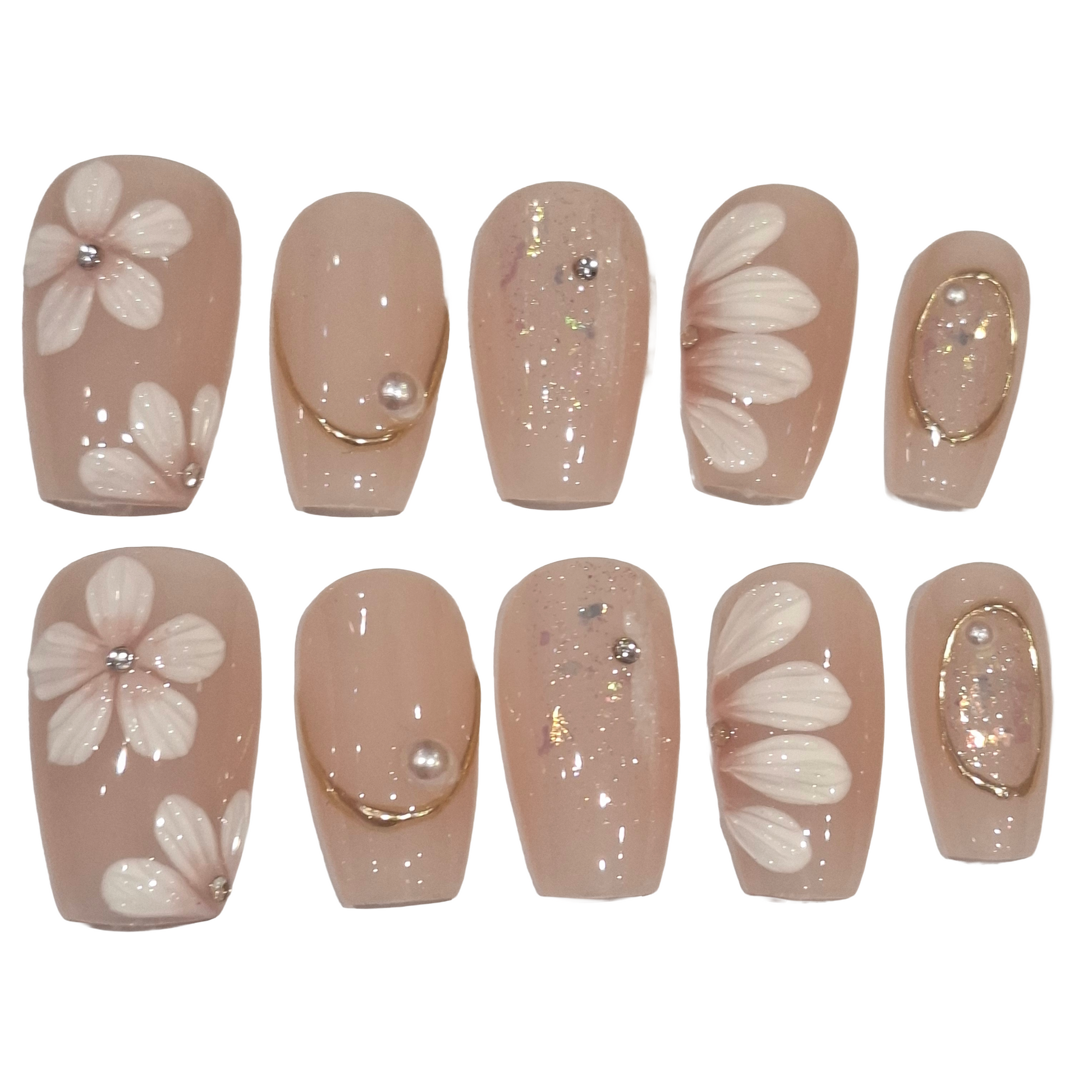 Floral Nude Acrylic Coffin press On Nail - MaYonail Store