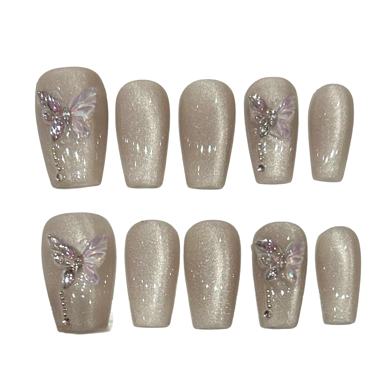 Champagne Butterfly Acrylic Coffin Press On Nail - MaYonail Store