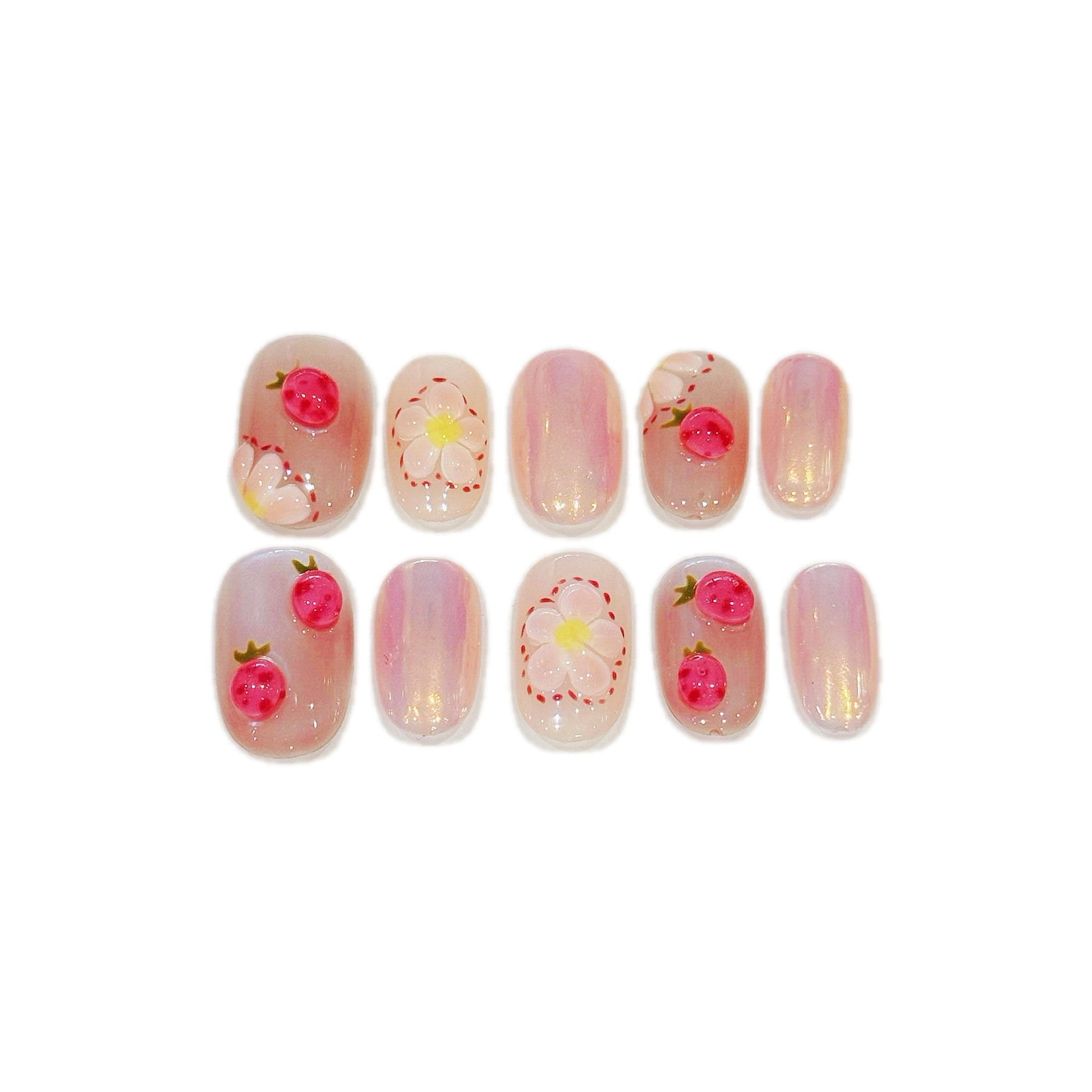 Strawberry Flower Acrylic Oval Press On Nail - MaYonail Store