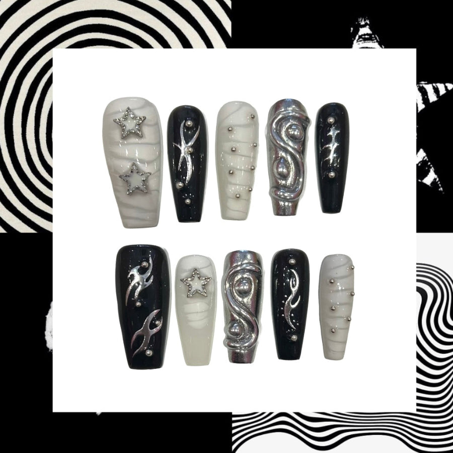 Silver Swirls Acrylic Coffin Press On Nail - MaYonail Store