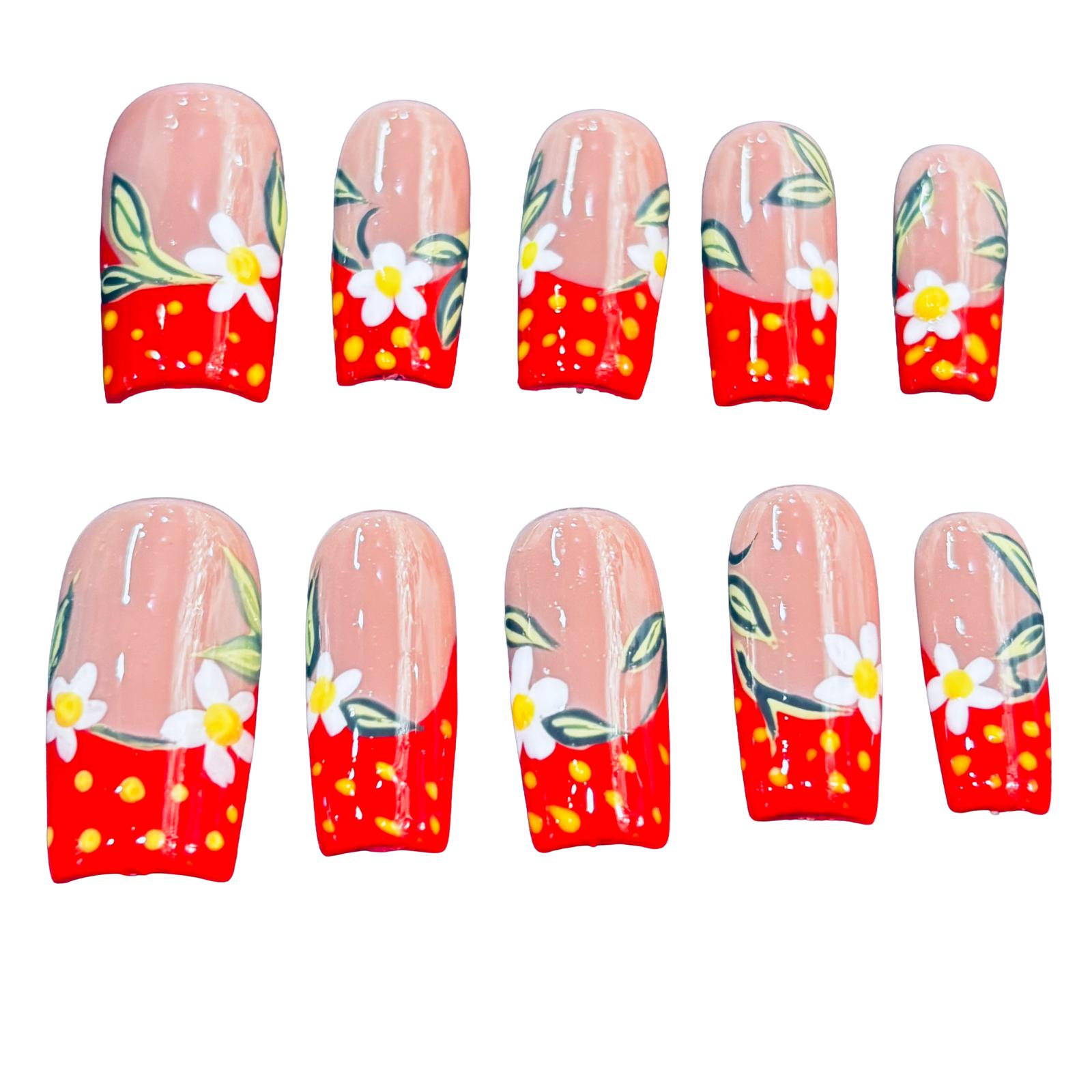 Strawberry Picnic Acrylic Square Press On Nail - MaYonail Store