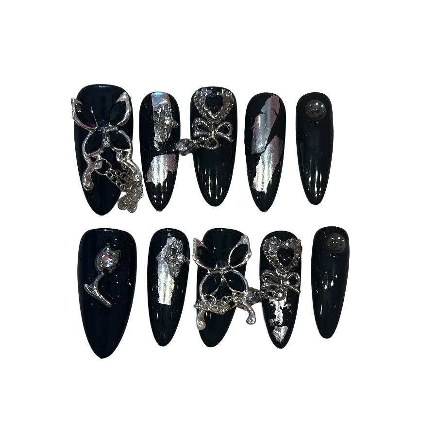 Noir Butterfly Acrylic Long Almond Press On Nail - MaYonail Store