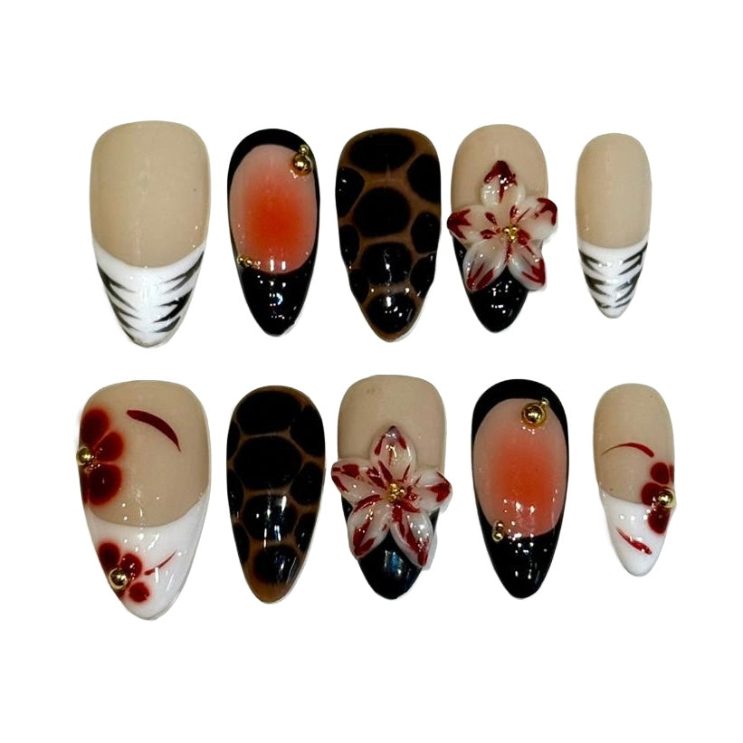 Tiger Flower Acrylic Almond Press On Nail - MaYonail Store