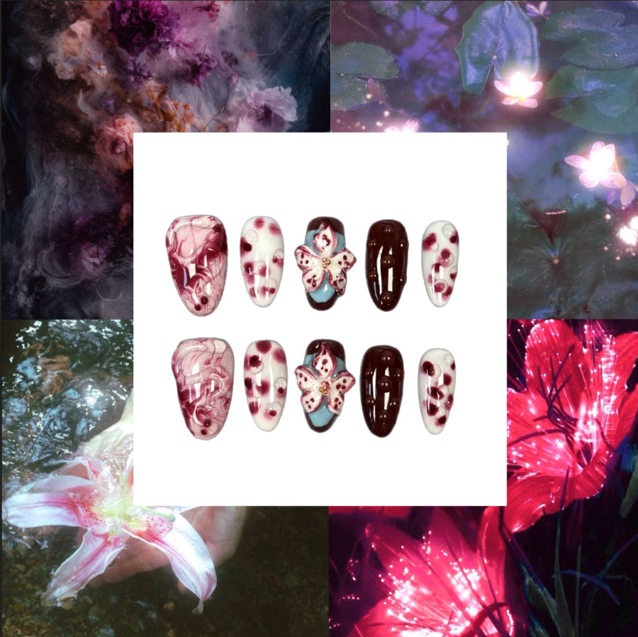 Dark Fantasy Flower Acrylic Almond Press On Nail - MaYonail Store