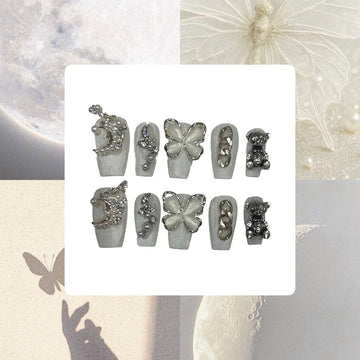 Butterfly Snow Acrylic Coffin Press On Nail L43 - MaYonail Store