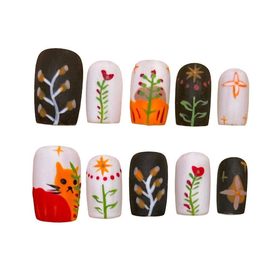 Kitty Scribbles Acrylic Square Press On Nail - MaYonail Store