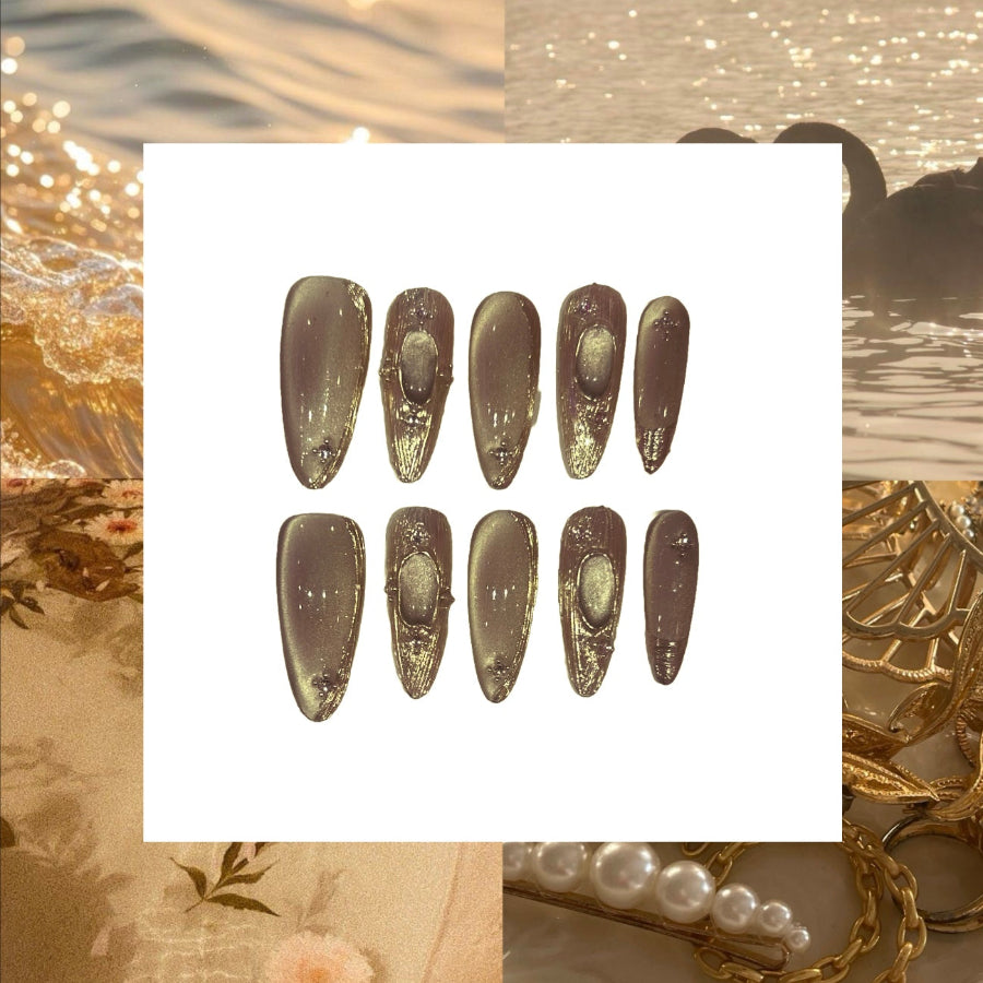 White-Gold Pearl Stiletto Acrylic Press On Nail - MaYonail Store