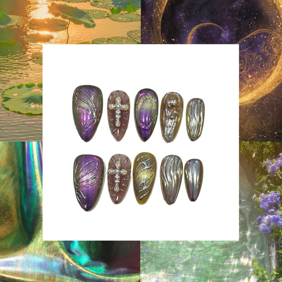 Chrome Flora Acrylic Almond Press On Nails - MaYonail Store