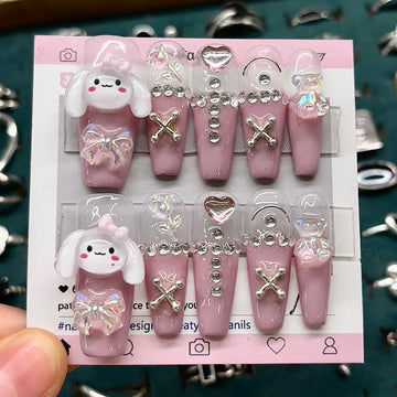 Pinky Cinnamonroll Medium Coffin Acrylic Nails