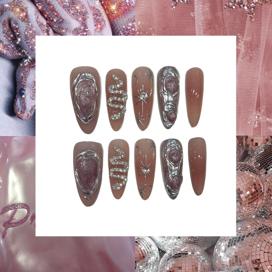 Rose Serpent Acrylic Long Almond Press On Nail - MaYonail Store
