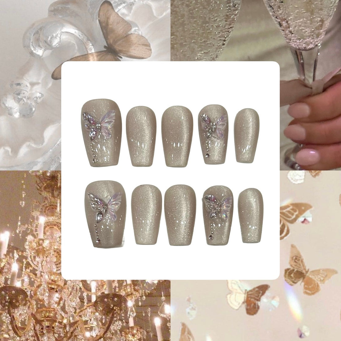 Champagne Butterfly Acrylic Coffin Press On Nail - MaYonail Store