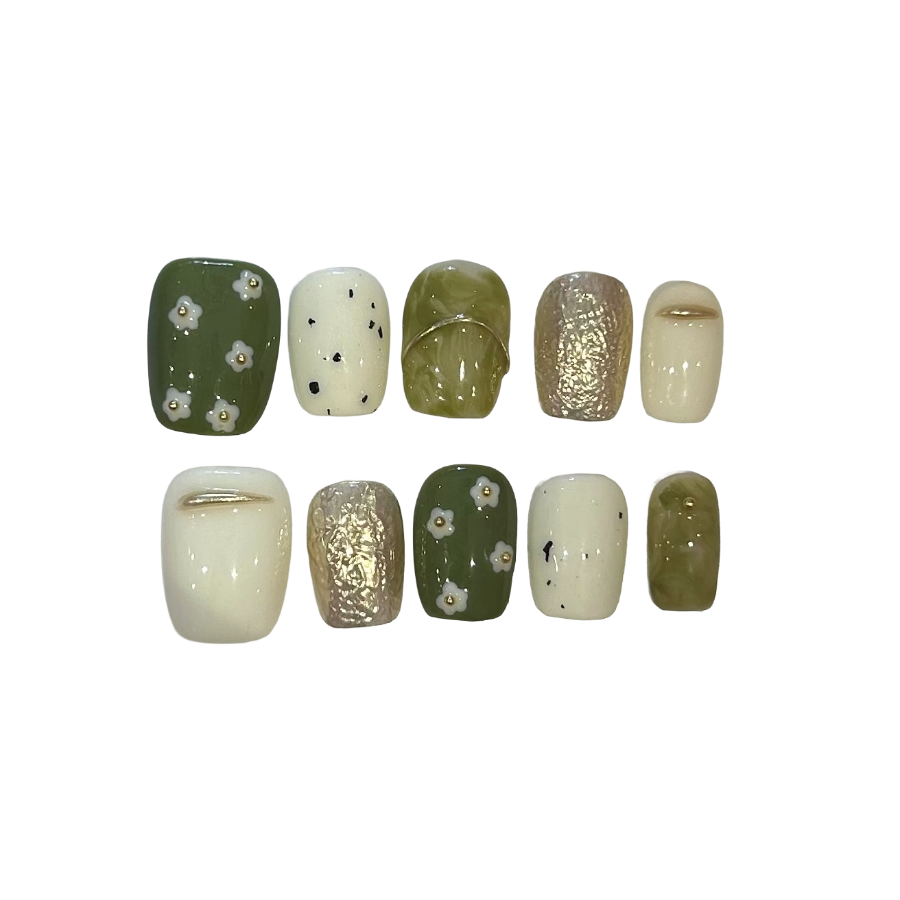 Simple Green Floral Acrylic Square Press On Nail - MaYonail Store