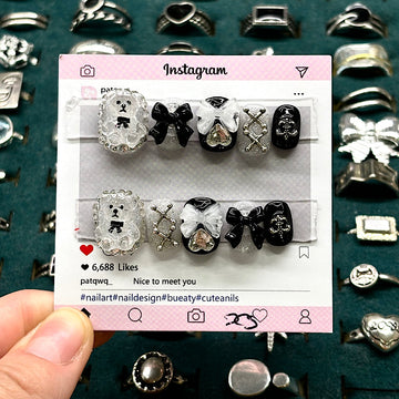 Lace Ribbon Bear Black Short Square Acrylic Nails