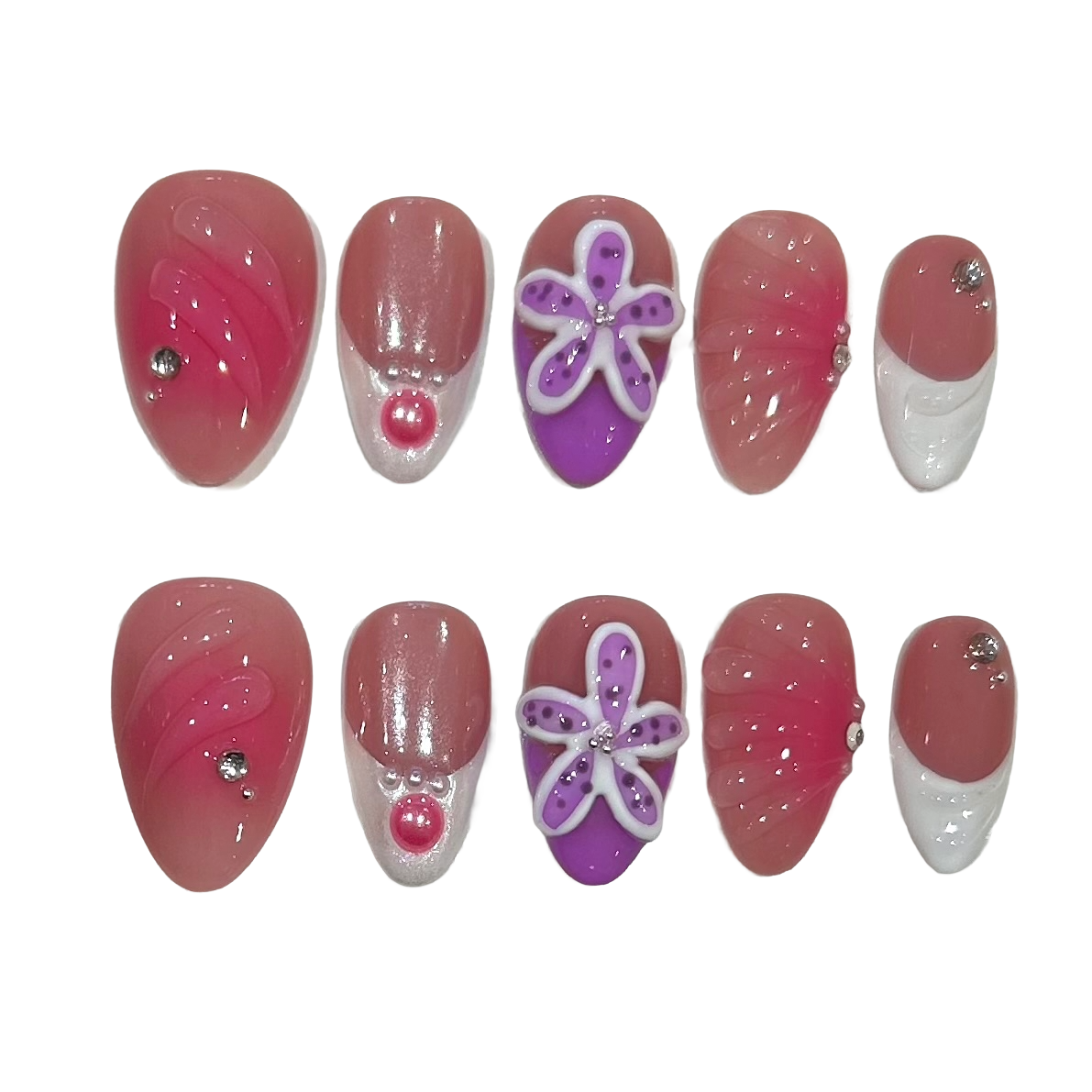 Tropical Pink Acrylic Almond Press On Nail - MaYonail Store