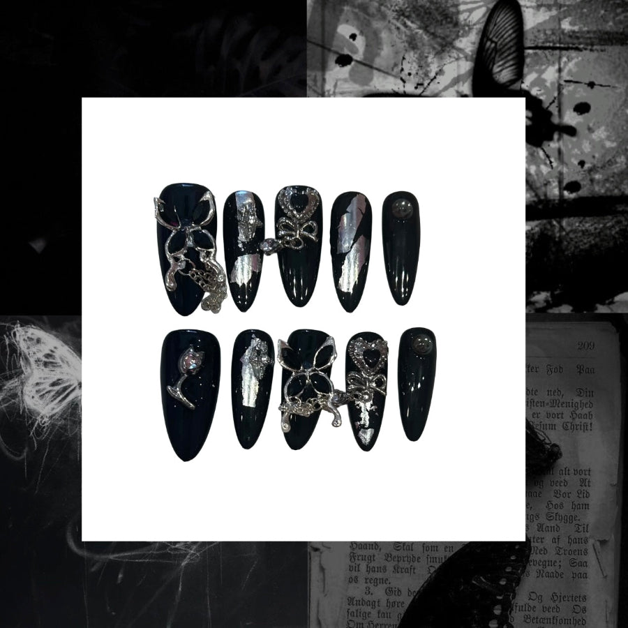 Noir Butterfly Acrylic Long Almond Press On Nail - MaYonail Store
