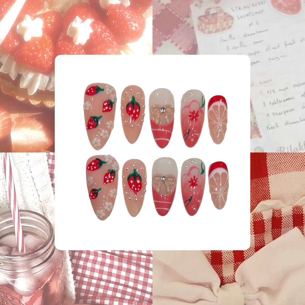 Strawberry Cake Acrylic Almond Press On Nail - MaYonail Store