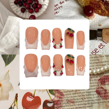 Cherry French Tip Acrylic Square press On Nail L60