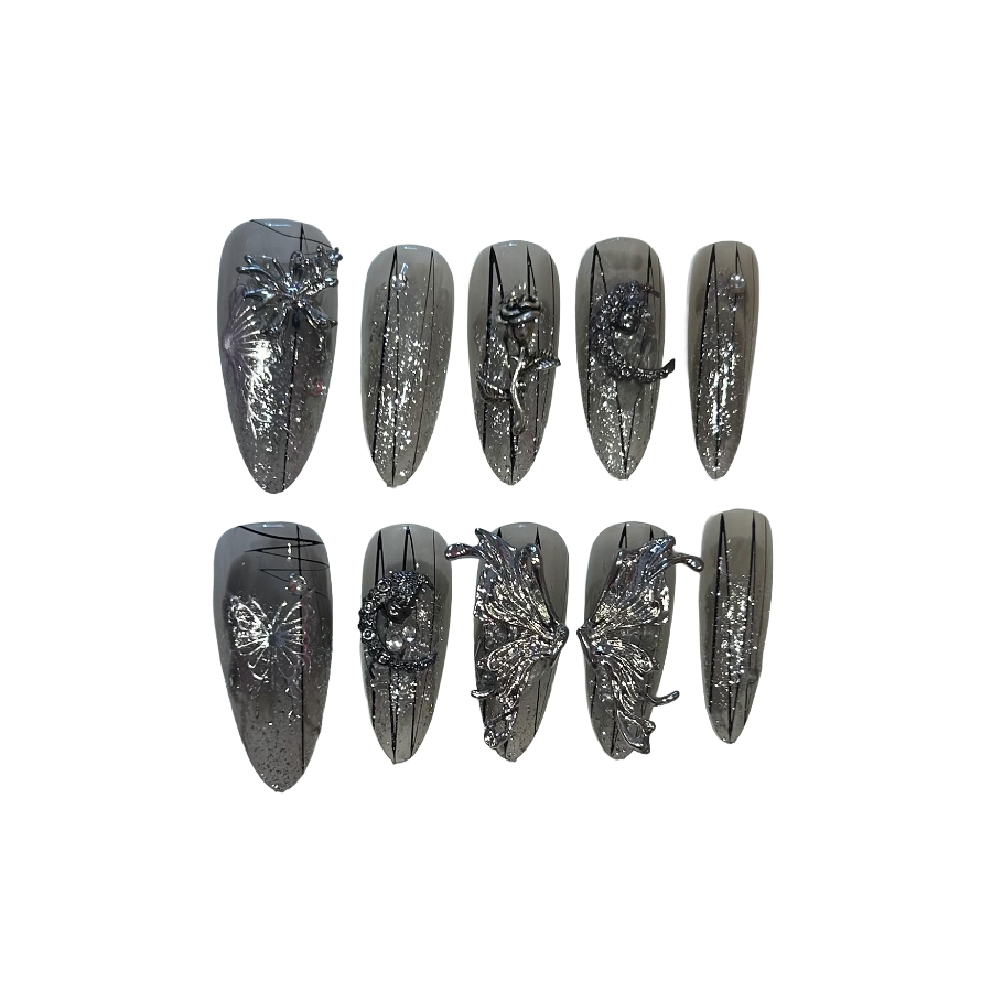 Silver Dream Acrylic Long Almond Press On Nail - MaYonail Store