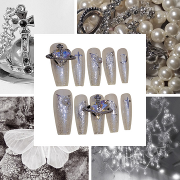 Silver Pearl Acrylic Coffin press On Nail L142
