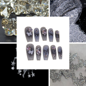 Beaded Butterfly Acrylic Coffin Press On Nail