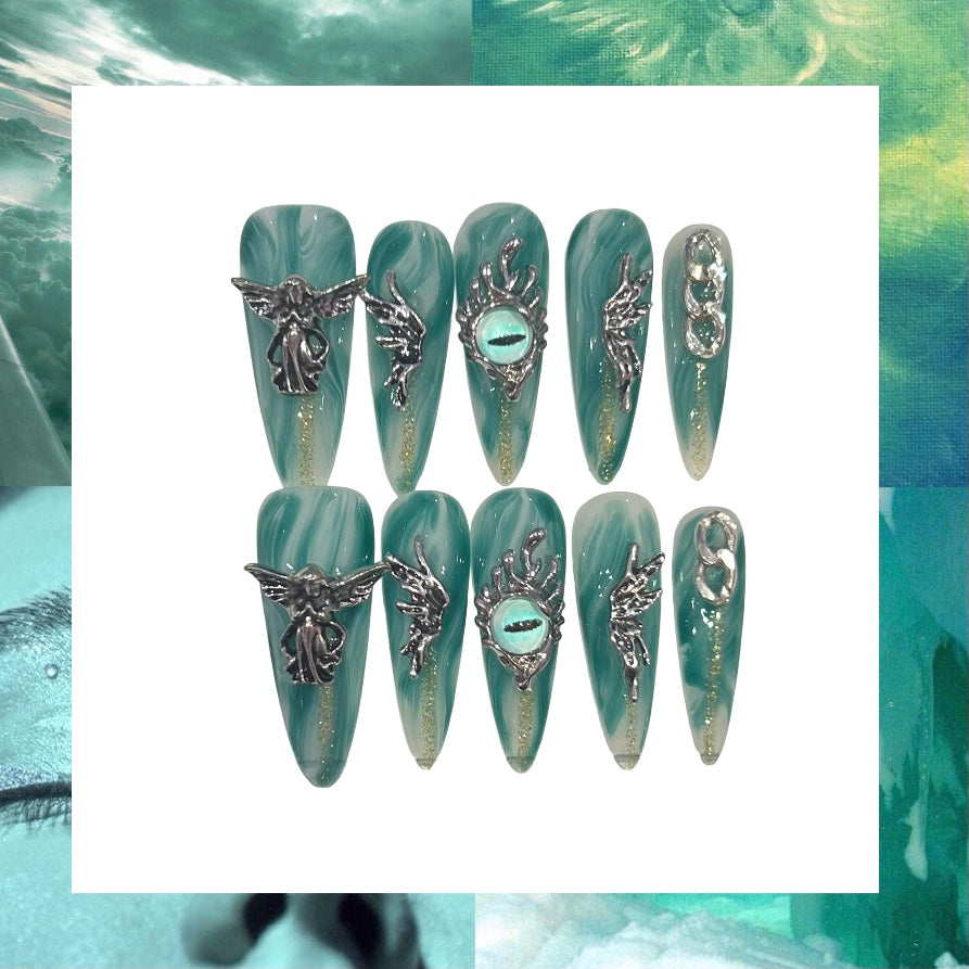 Teal Dream Stiletto Acrylic Press On Nail - MaYonail Store
