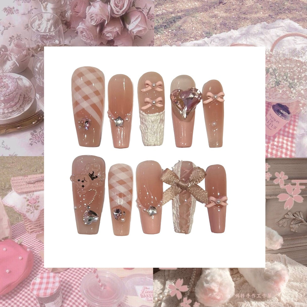 Rosy Picnic Acrylic Coffin Press On Nail