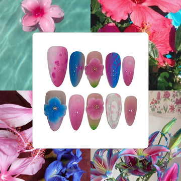 Tropical Flowers Acrylic Almond Press On Nail