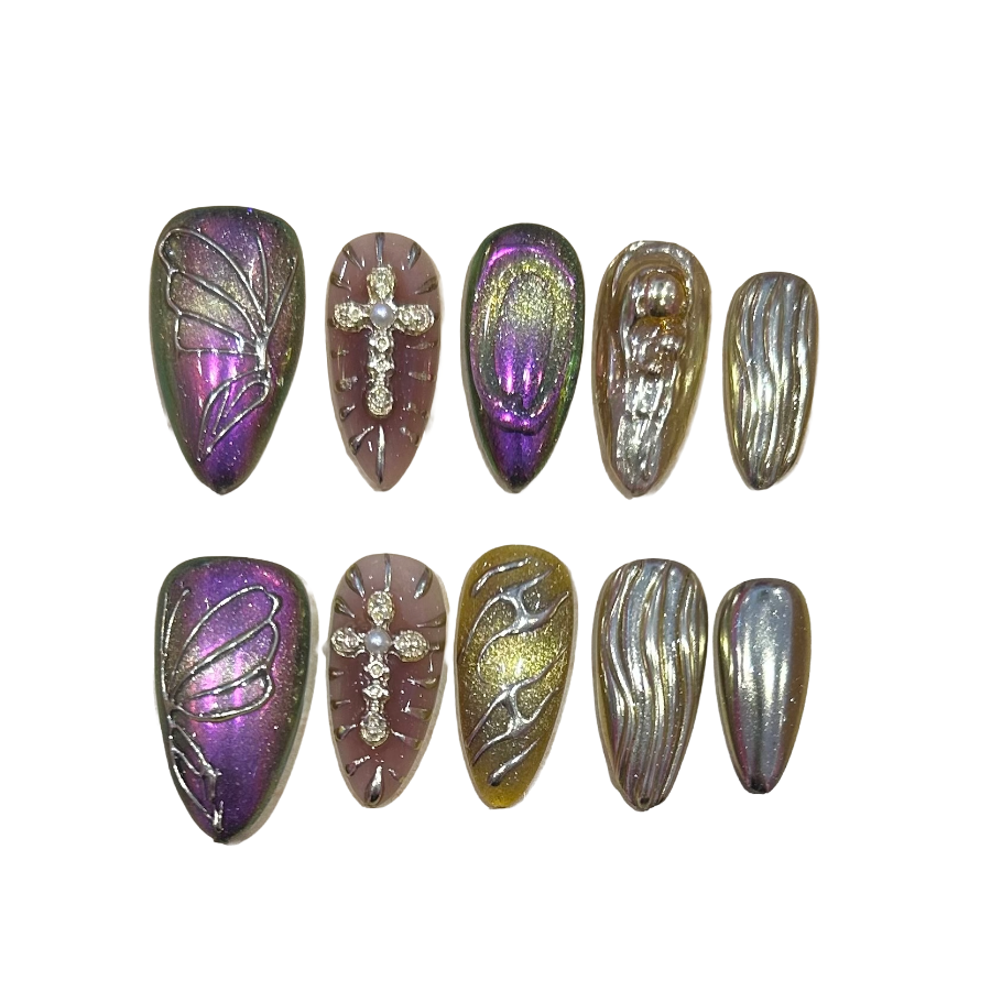 Chrome Flora Acrylic Almond Press On Nails - MaYonail Store