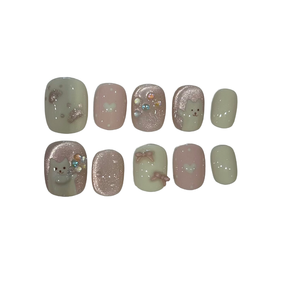 Pastel Kitty Acrylic Square Press On Nail - MaYonail Store
