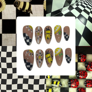 Checkered Flower Acrylic Almond Press On Nail L317
