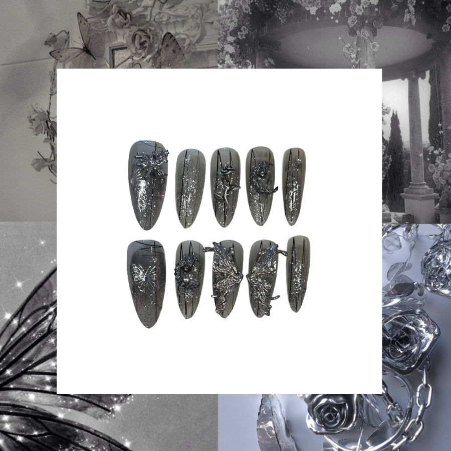 Silver Dream Acrylic Long Almond Press On Nail - MaYonail Store