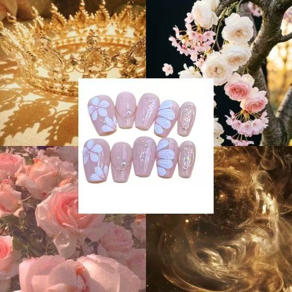 Flowers Gold Acrylic Coffin Press On Nail - MaYonail Store