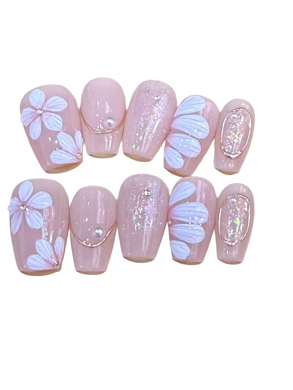 Flowers Gold Acrylic Coffin Press On Nail - MaYonail Store