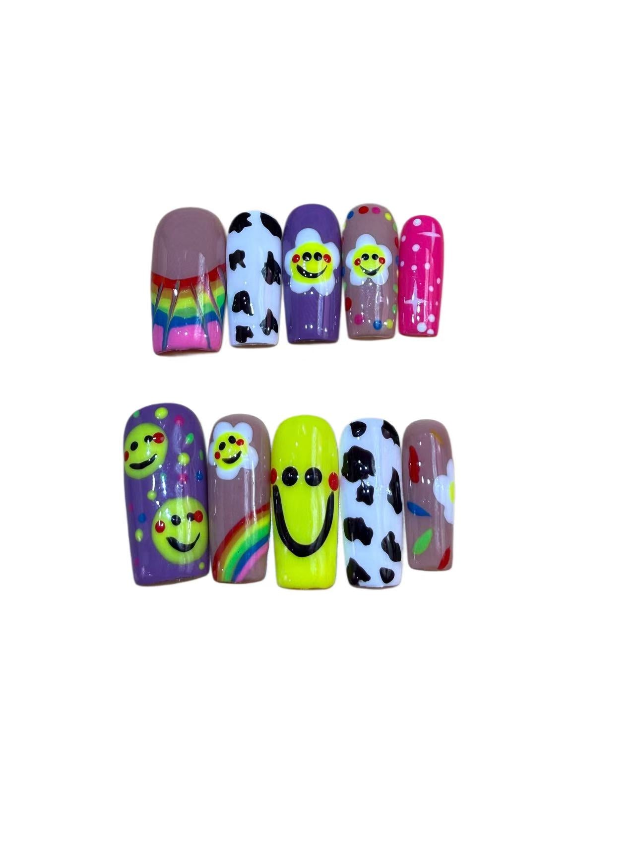 Rainbow Smiles Acrylic Square  Press On Nail - MaYonail Store