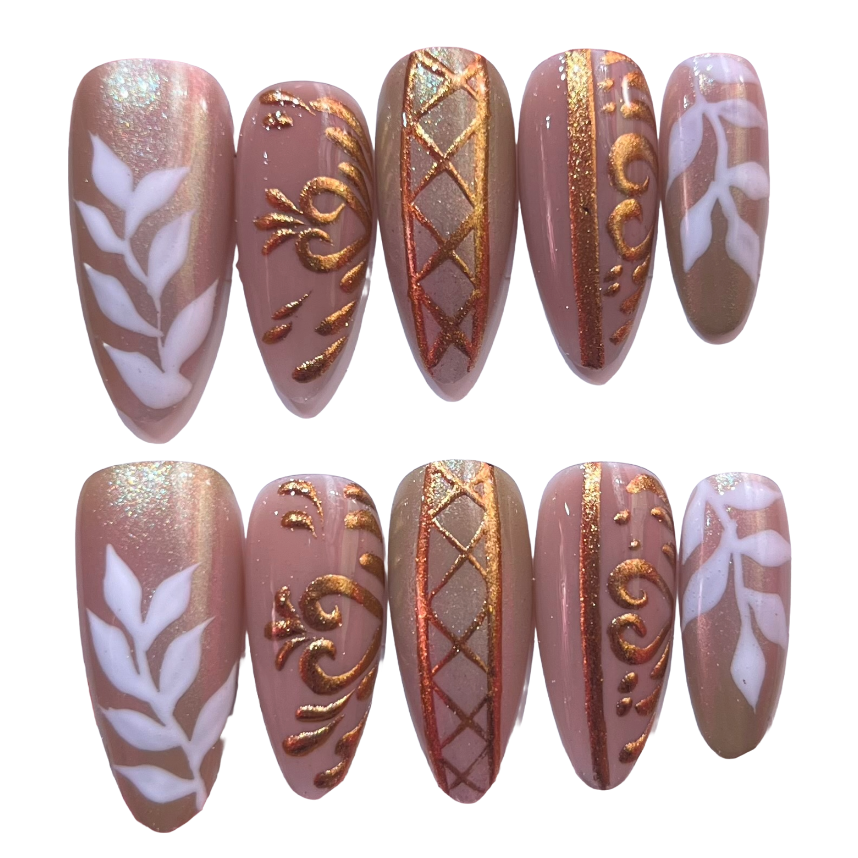 Golden Leaves Acrylic Almond Press On Nail - MaYonail Store