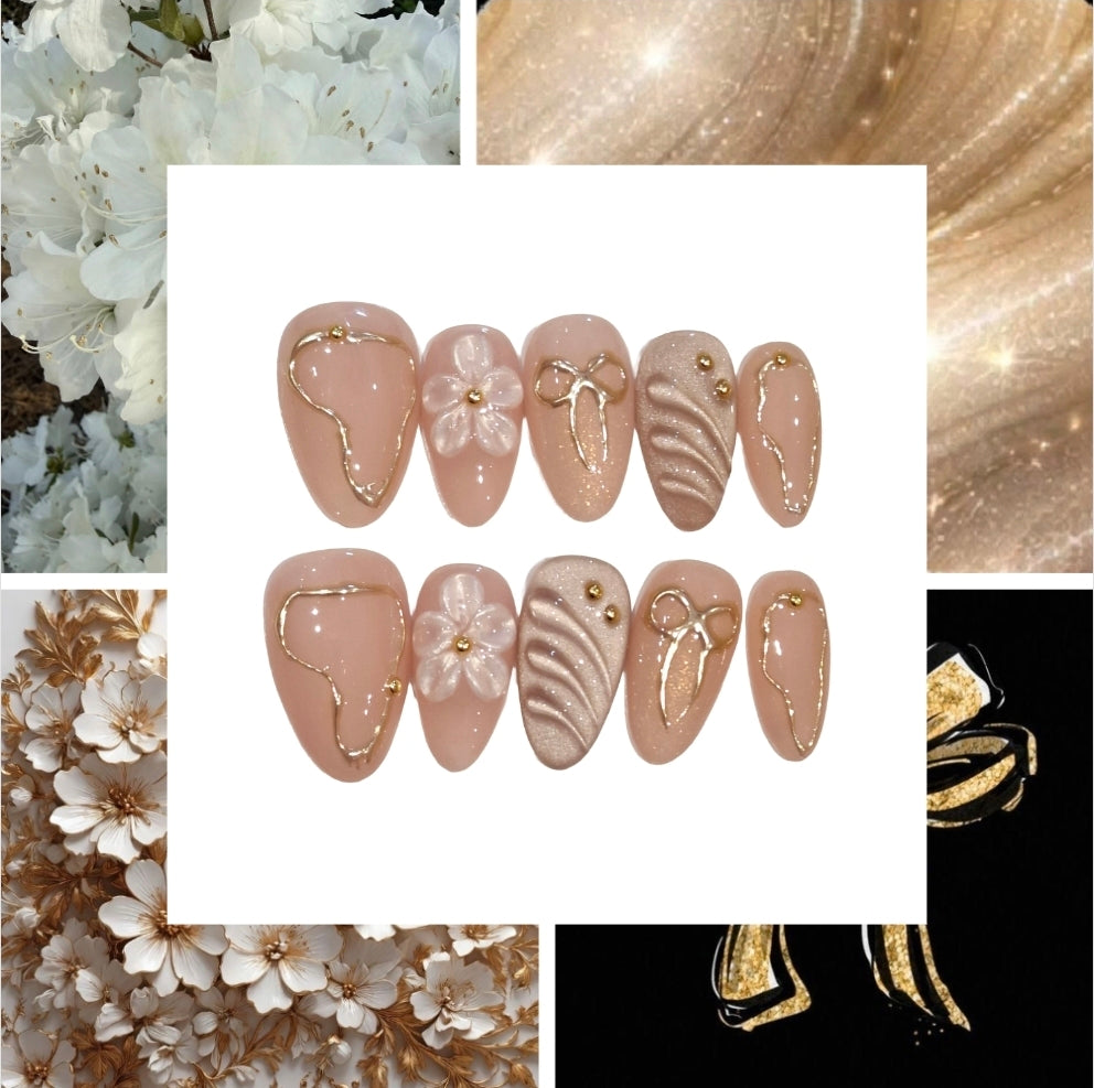 Nude Gold Acrylic Almond Press On Nail - MaYonail Store