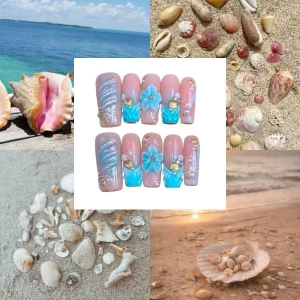 Seashell Beach Acrylic Coffin Press On Nails - MaYonail Store
