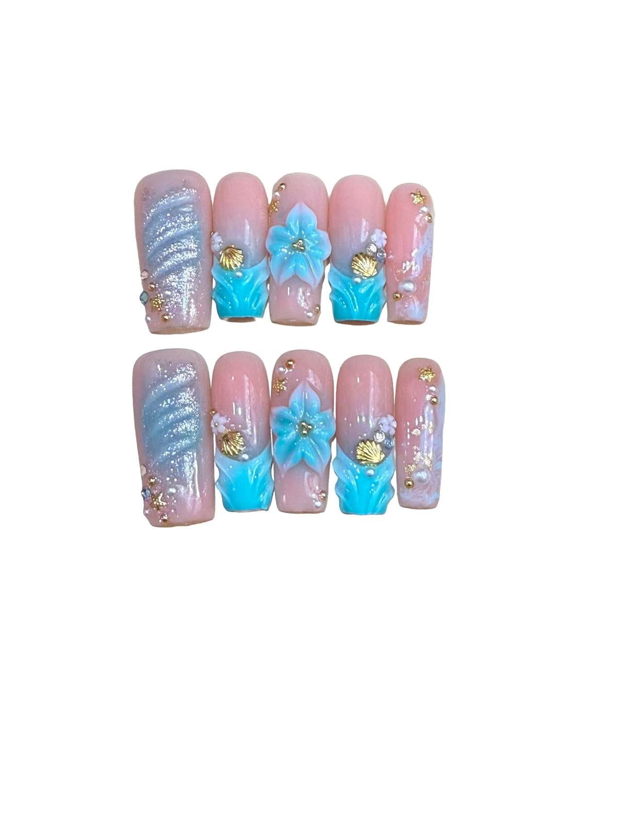Seashell Beach Acrylic Coffin Press On Nails - MaYonail Store