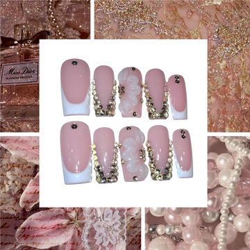 French Floral Shimmer Acrylic Square press On Nail L180