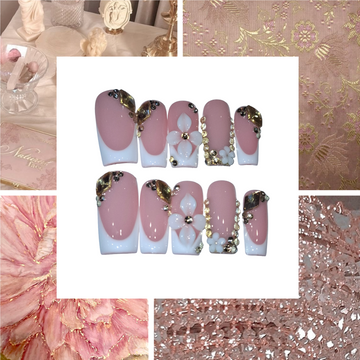 Floral Golden Shimmer Acrylic Square press On Nail L167