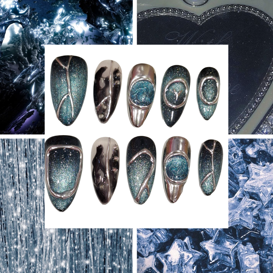 Blue Shimmer Acrylic Almond press On Nail - MaYonail Store