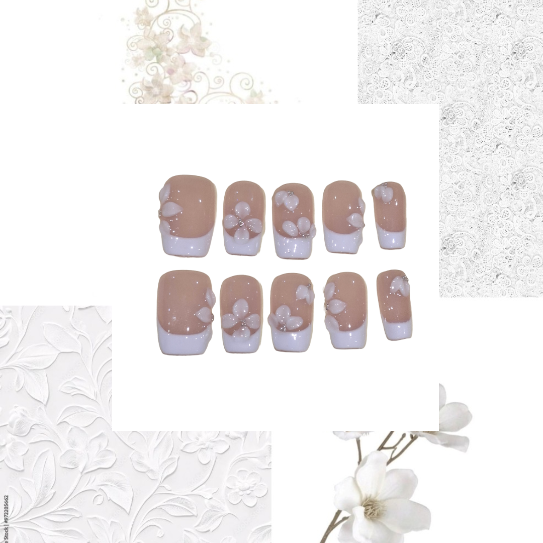 French Floral Acrylic Square Press On Nail