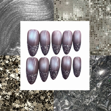 Silver Shimmer Acrylic Almond  Press On Nail