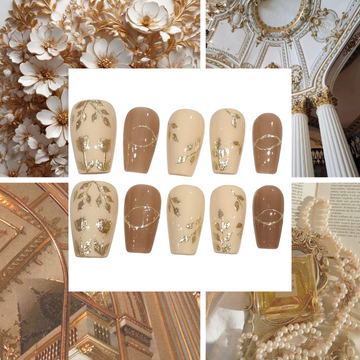 Golden Florals Acrylic Coffin Press On Nail